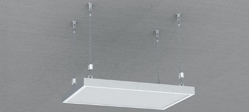 Kit MW-EB L-kabelvergrendeling met kabel, oogbouteinde Kabel met voorgemonteerde oogbout en verstelbare vergrendeling voor het ophangen van armaturen aan beton en staal Toepassingen 1