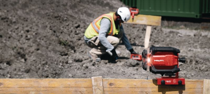 PR 40-22-Roterende laser voor enkelvoudige helling uitzetten. Robuuste roterende buitenlaser met automatische functies voor lange afstanden nivelleren, uitlijnen, hellend en vierkant maken (Nuron-accuplatform) Toepassingen 1