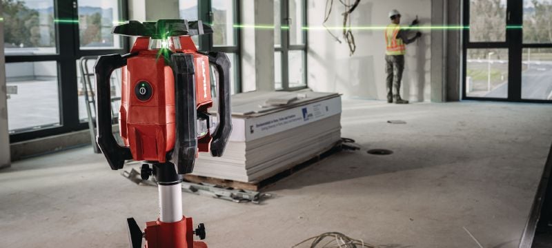 PR 40G-22 Groene roterende laserwaterpas voor enkelvoudige helling Robuuste roterende laserwaterpas voor binnen met zeer goed zichtbare groene bundel en automatische functies voor nivelleren, uitlijnen, hellend en vierkant maken (Nuron-platform) Toepassingen 1