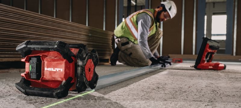 PR 40G-22 Groene roterende laserwaterpas voor enkelvoudige helling Robuuste roterende laserwaterpas voor binnen met zeer goed zichtbare groene bundel en automatische functies voor nivelleren, uitlijnen, hellend en vierkant maken (Nuron-platform) Toepassingen 1